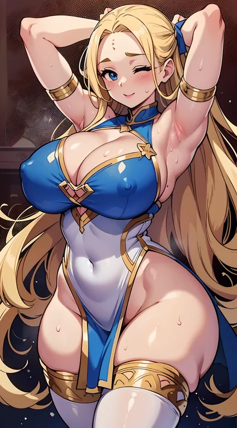 hiquality、16 K、Official art、(NSFW)、adult  woman,((Huge breasts)),((big butts)),((thick thighs))、blush,Long hair,Blue eyes,((a blond)),((Forehead))、(Arms behind your head),((Armpits))、Sweat,white glove,white knee-socks、((fatness))、Dancing、smil、One eye is cl...