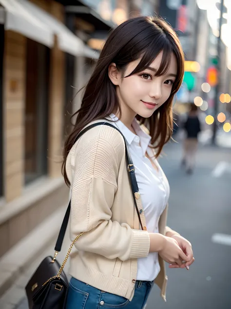 product quality, 1 girl, cowboy shot, front view, a Japanese young pretty girl, long bob hair, wearing a marriage ring, walking with a big smile on a crowded sidewalk in the city, wearing a long length light yellow cardigan over a satin silk white shirt wi...