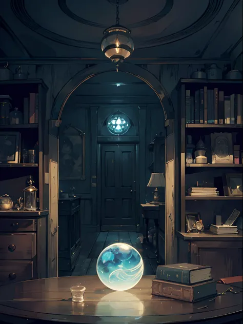 (Background art) , frontal composition, (Magic Workshop), (dimly lit room), interior scenes, witch theme, (potion, broomstick, cauldron, spooky, dark room) , (Glowing goods, Settlement desk, A table where items are kept, Magic potion, Magic Book)+ , large ...