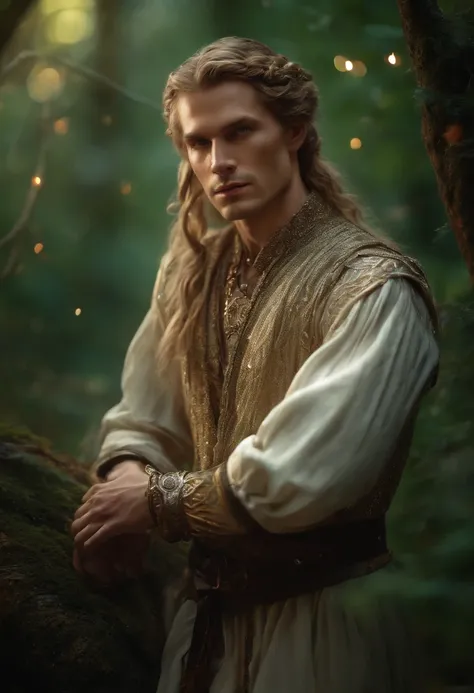 ((one man)), Fantasy portrait of a man in mithorogic costume, ((long sleaves)), with mysterious colored eyes, pale skin, and loose braided  hair, magical, beautiful, enchanting, photorealism, midshot, ((deep forest)), (((sparkle particles in the air))), ((...