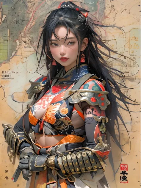 (((Woman))), (((best qualtiy))), (((tmasterpiece))), (((AS-Adult))), ((( Japanese ))), Looking up from your knees, Beautiful asian samurai woman with perfect body, Modern samurai, ((( Asian))), Wear gloves on your hands，The left arm is made of steel and me...