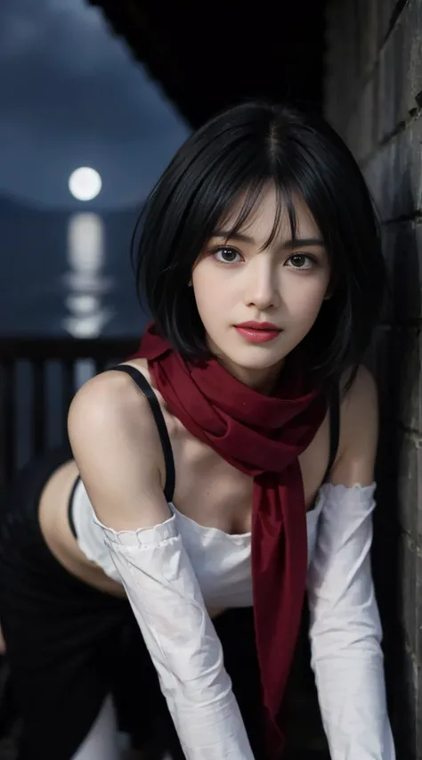 8K, Top Quality, Intricate Details, Ultra Detail, Ultra High Resolution, Masterpiece, random angle, mikasa ackerman,   Slender, Smile, (Makeup: 0.4), (Fluffy Blue Eyes: 1.21), blue Eyes,, ((full body)), 1girl, solo, 1 girl, (( full body)),  close-up shot, ...