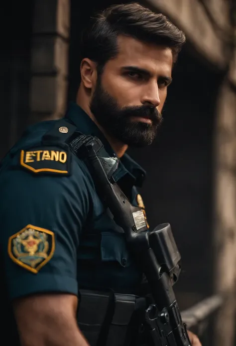 Homem lindo segurando arma , police, barba rala