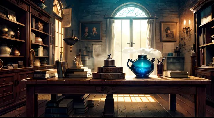 (Background art) , frontal composition, (Magic Workshop), (dimly lit room), interior scenes, witch theme, (potion, broomstick, cauldron, spooky, dark room) , (Glowing goods, Settlement desk, A table where items are kept, Magic potion, Magic Book)+ , large ...