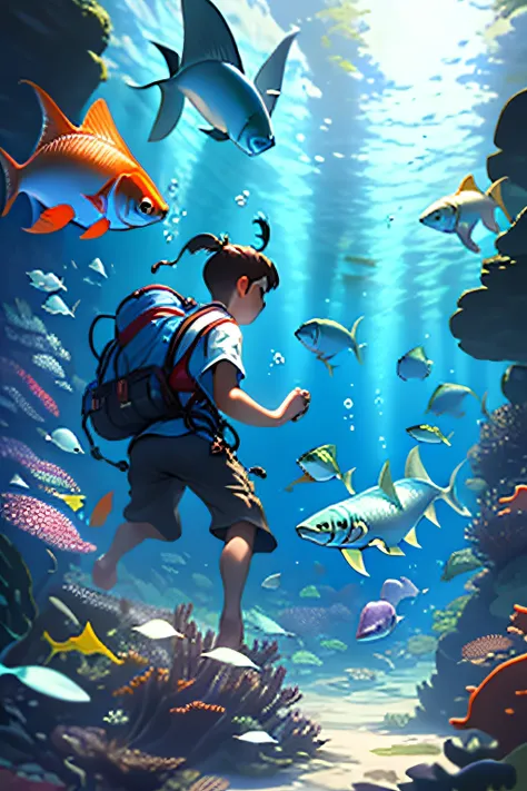 2 little boys，Behind the perspective，Characters take up half of the picture，Sea World，Marine life，Underwater，Anthropomorphic catfish