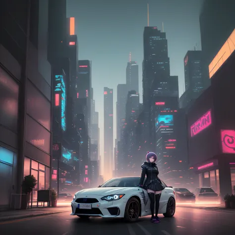 Generate a wallpaper featuring an anime girl leaning against a car with a cyberpunk cityscape background. Apply a blurred background effect, create a sense of depth, and ensure high-quality output