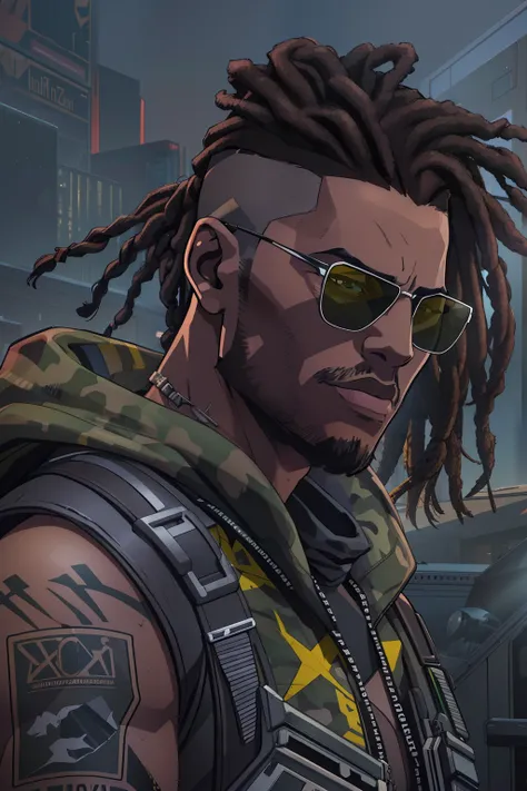 super high res, best quality, photo, 16k, (photorealistic: 1.2), cinematic lighting, 23 year old African American man who wears army camouflage clothing and is part of a team called the Crows, In addition he wears mirrored sunglasses and also has dreads in...