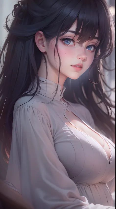 Loli anime girl in white, be  pregnant, Realistic shadows, Detailed skin, Very large breasts, Black hair, Very detailed, 8K highly detailed face, Perfect face shape, Perfect lips, Perfect nose, Correct beautiful eyes, Watching Viewer, Masterpiece, Best qua...