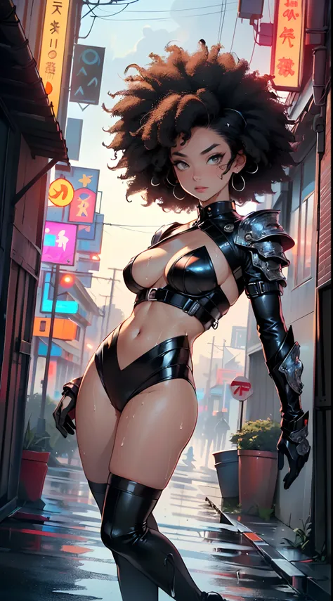 girl spacepunk,(((1girl))),((cute and beautiful afro haired girl)),((((black race)))),

(large breasts:1.4),saggy breasts,((((black afro hair:1.35,((afro hair:1.35)),afrohair,afro:1.35,dark hair,black hair,)))),medium hair, red:1.5,((heterochromia:1.5, (ye...