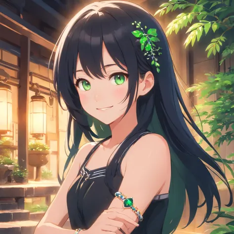 Colares e brincos、Smiling girl wearing bracelet and other accessories，She is white and has long black hair and moist moss green eyes.，Shes wearing a black dress that glows with accessories.，