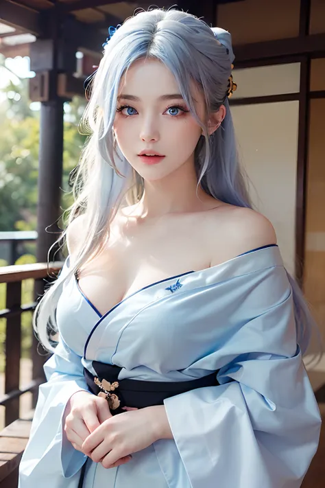 photorealistic, masterpiece, high resolution, soft light, 1 girl, 18 years old, blue eyes, white hair, long hair, ((kimono)), off-the-shoulder shirt, round face, (upper body), look towards the viewer