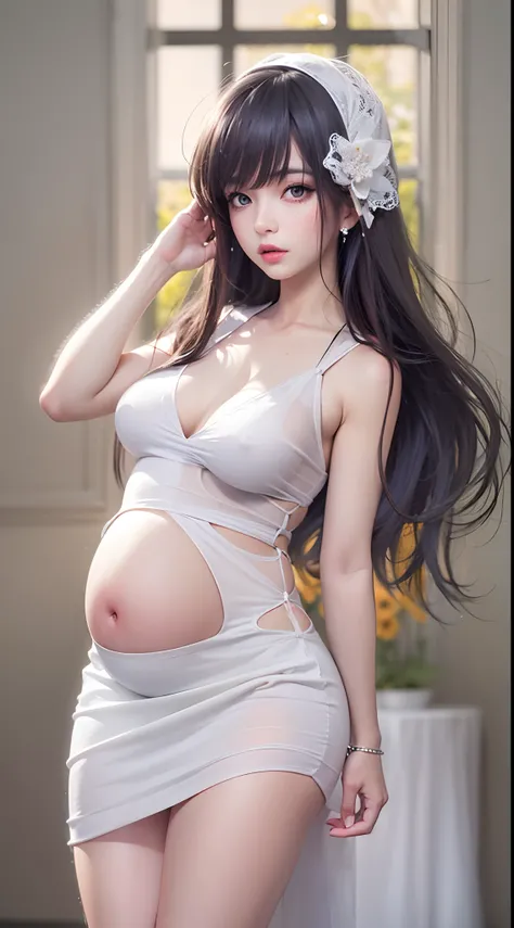 Loli anime girl in white, be  pregnant, Realistic shadows, Detailed skin, Very large breasts, Black hair, Very detailed, 8K highly detailed face, Perfect face shape, Perfect lips, Perfect nose, Correct beautiful eyes, Watching Viewer, Masterpiece, Best qua...