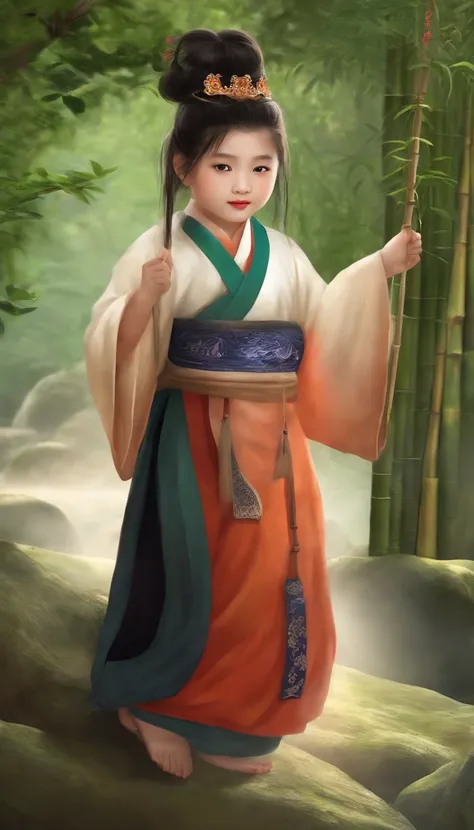 A young Taoist girl，Chinese young girl，with long hair in takes，There is a bun on the top of the head，Melon seed face，largeeyes，tall nose bridge，the corners of your mouth rise slightly，She wears a white robe，Sit on a large mossy rock，In the background is a ...