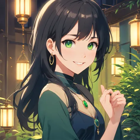 Colares e brincos、Smiling girl wearing bracelet and other accessories，She is white and has long black hair and moist moss green eyes.，Shes wearing a black dress that glows with accessories.，