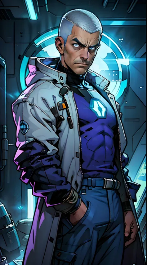 A man with a crew cut, a calm and rational expression, a wise gaze, wears a futuristic scientists coat, primarily in shades of white, accented by touches of blue and purple, matching utility pants, standing in a mysterious laboratory of an ancient and adva...