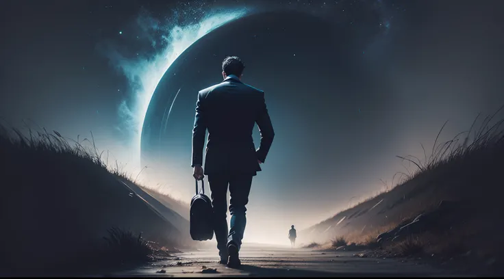 Un viaje a los sobrenatural, Dark illustration, una noche oscura, 30-year-old male on his back walking in a fancy suit towards, mucho detalle