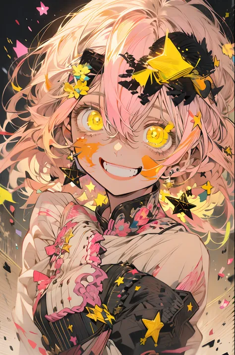 original character , 1girl, (crazy smile:1.2) ,  blonde hair , bangs , crazy eyes , hands on face , yellow blood splatter on fac...