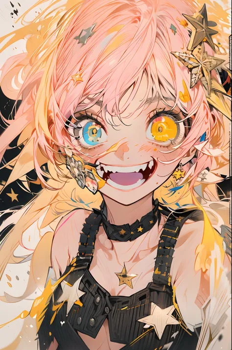 original character , 1girl, (crazy smile:1.2) ,  blonde hair , bangs , crazy eyes , hands on face , yellow blood splatter on face , yellow and black color scheme, open mouth, (wide-eyed:1.2), glowing eyes, left star shaped eye, star shaped eye,  pink eyes,...