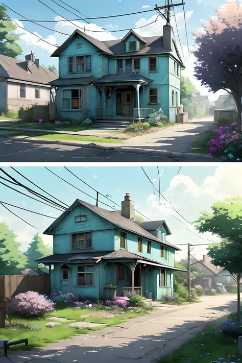 very cozy little place, hyper realism, (anime Makoto Shinkai:0.4), old shabby house in city street, home wiring, outdoors, sky, cloud, day, scenery, tree, blue sky, building, sign, wires, railing, wide shot, utility pole, town, wilderness, flowers, a lot o...