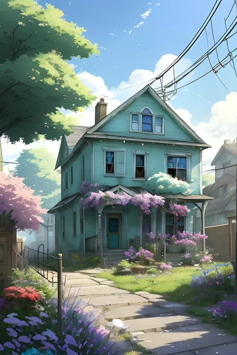 very cozy little place, hyper realism, (anime Makoto Shinkai:0.4), old shabby house in city street, home wiring, outdoors, sky, cloud, day, scenery, tree, blue sky, building, sign, wires, railing, wide shot, utility pole, town, wilderness, flowers, a lot o...