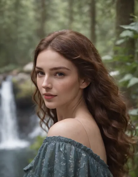 (photo-realistic) (perfectly detailed), 20 yo woman, flowing wavy hair, freckle, drenched herself, waterfall, picture taken with Sony A7RIV, with Sony FE 85mm f/1.8 lenses, interesting background, Natural Lighting, Cinematic, Ultra-Realistic. Ultra-Detaile...