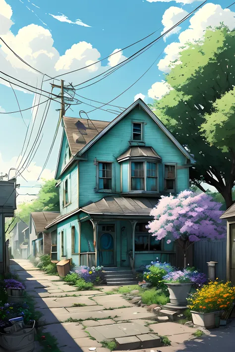 very cozy little place, hyper realism, (anime Makoto Shinkai:0.4), old shabby house in city street, home wiring, outdoors, sky, cloud, day, scenery, tree, blue sky, building, sign, wires, railing, wide shot, utility pole, town, wilderness, flowers, a lot o...