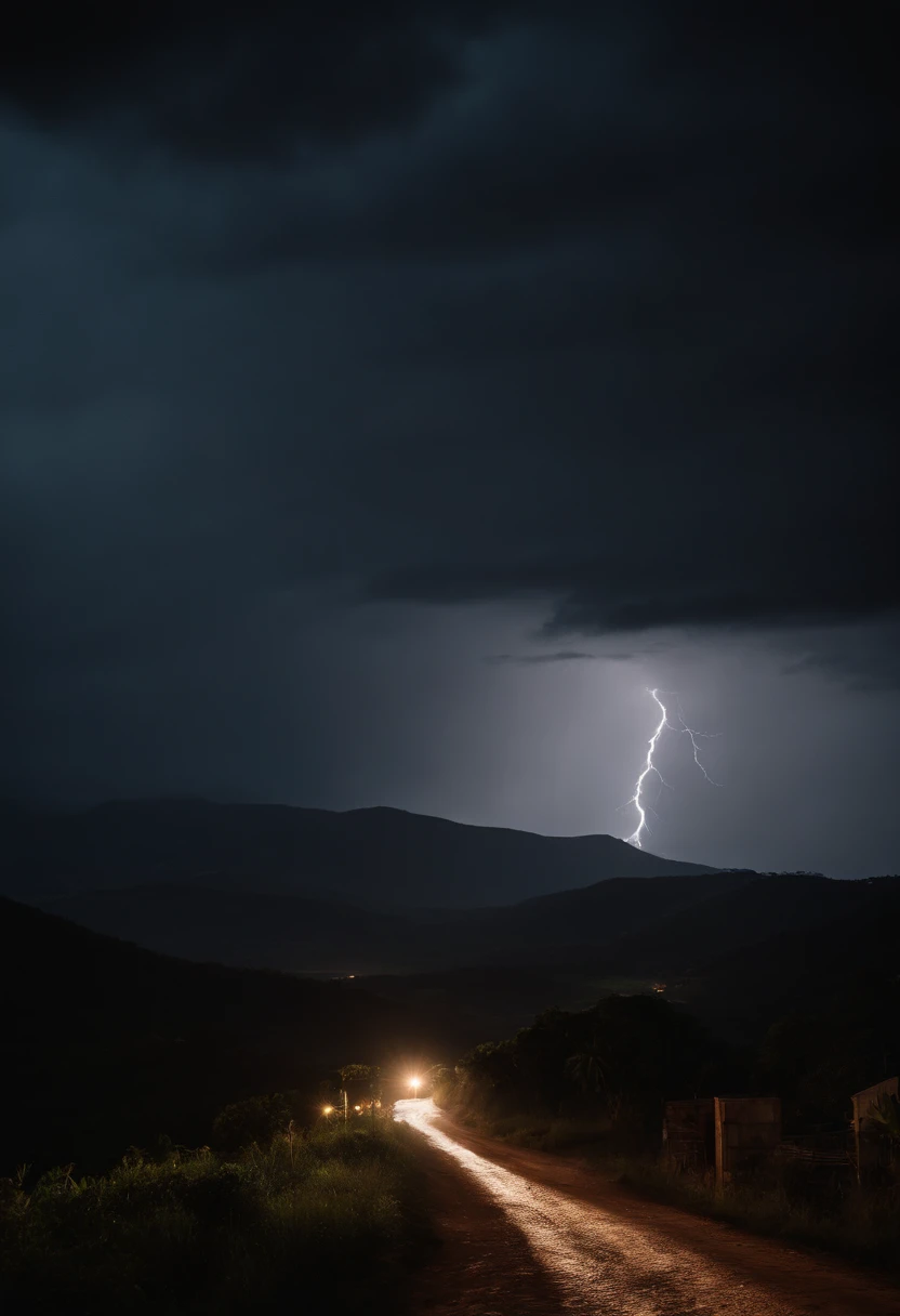 stormy night with rivers and thunder in the sky on a dirt road in the interior of Minas Gerais in Serra Minas Gerais