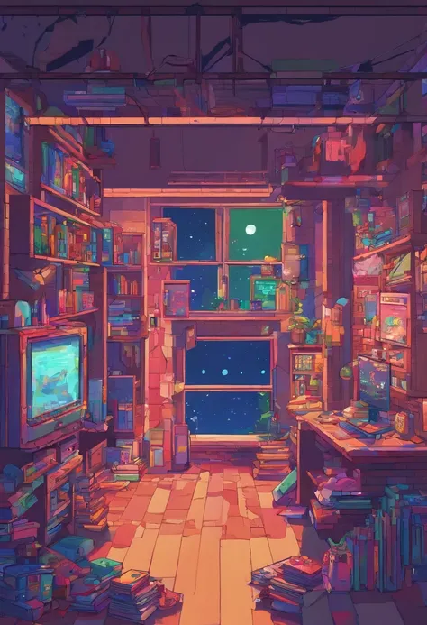 (Zero), Boy studying in the room, Reading a book, wears glasses , Night lights, Neon landscape on a rainy day,Simulates a color theme, Lo-fi hip-hop , retrospective, flat, 2.5D ,line drawn, Ink drawing, Large slope, Watercolor painting, Spray color, Studio...