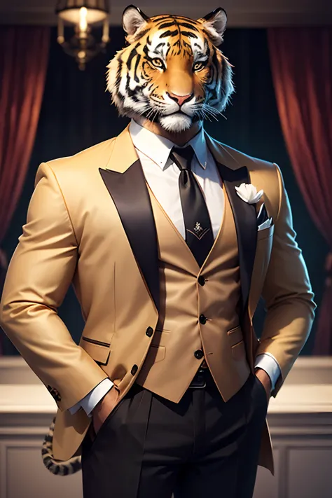 a tiger wearing a formal suit and a charismatic smile