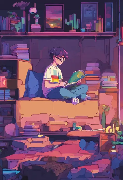 Side view，Boy studying in a room, Reading a book, wears glasses , Night lights, Neon landscape on a rainy day,Simulates a color theme, Lo-fi hip-hop , retrospective, flat, 2.5D ,line drawn, Ink drawing, Large slope, Watercolor painting, Spray color, Studio...