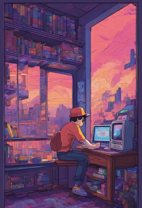 Side view，Boy studying in a room, Reading a book, wears glasses , Night lights, Neon landscape on a rainy day,Simulates a color theme, Lo-fi hip-hop , retrospective, flat, 2.5D ,line drawn, Ink drawing, Large slope, Watercolor painting, Spray color, Studio...