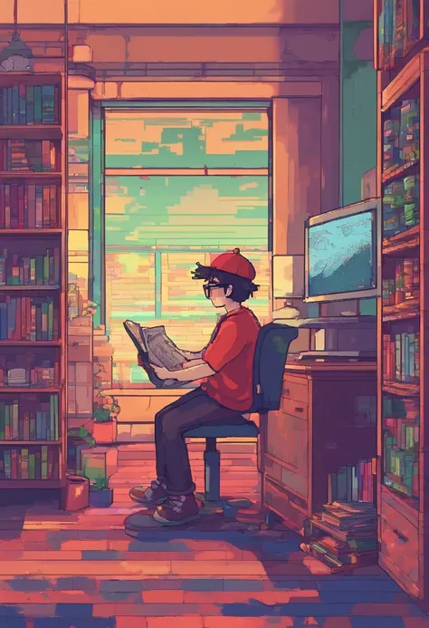 Side view，Boy studying in a room, Reading a book, wears glasses , Night lights, Neon landscape on a rainy day,Simulates a color theme, Lo-fi hip-hop , retrospective, flat, 2.5D ,line drawn, Ink drawing, Large slope, Watercolor painting, Spray color, Studio...