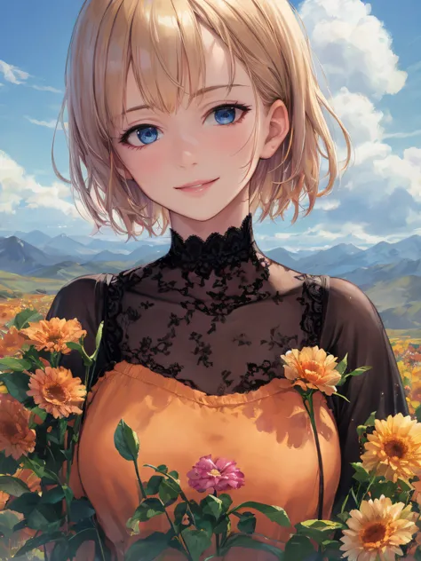 (realistic,painting_style,)mature, 1girl, solo,  amelia watson, virtual youtuber,blonde hair, blue eyes, choker, flower, short hair, realistic eyes, head tilt, smug, looking_at_viewer, sky, mountain, outdoors, cloud, bangs, upper body, pink flower, collarb...