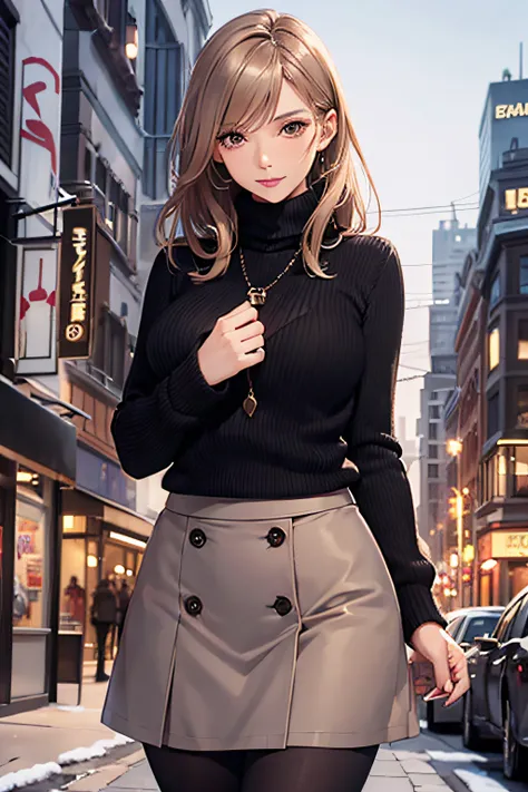 a girl in winter clothes, long sweater, skirt, short, pantyhose, medium breasts, cleavage, cityscape, flirtatious look, ((very detailed)), (perfectly detailed face), (well detailed hand) photorealistic image.