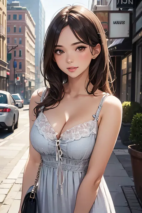 girl in spring clothes, casual dress, medium breasts, cleavage, cityscape, flirtatious look, 
((very detailed)), (perfectly detailed face), (well detailed hand) photorealistic image.