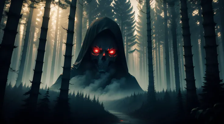 Scary forest at night with red eyes lurking and over the trees with smoke and a macabre air