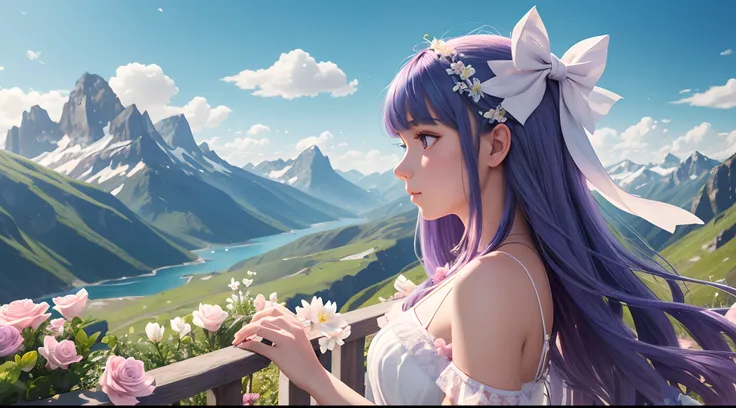 Best quality, Masterpiece, Extremely detailed, Detailed background, 1girll, Solo, Long hair, flower, Blue hair, White background, pink flower, profile, Upper body, White slip dress, Shoulders bare，flor branca, bow, bangs, Purple eyes, leafs, Blush，Looking ...