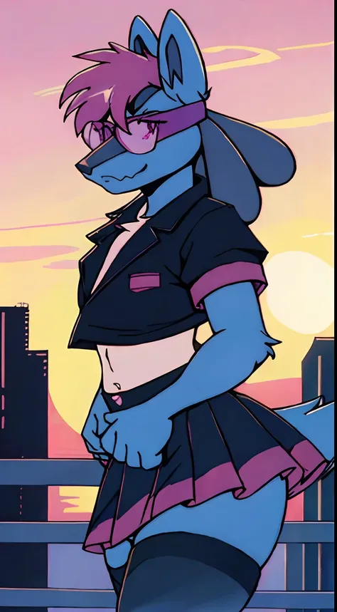 Mute pastel colors， Smooth photos， Retro soul, 1990s animation, 1980s animation, Retro soul， Retro anime style， Masterpiece, Best Quality, Lucario, furry, solo female, Lucario Pokémon, skirt, thigh high socks, crop top black jacket, Retro Lucario fanart, 1...