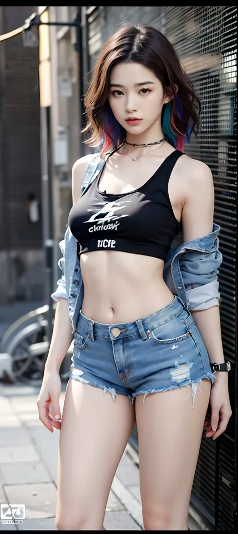 ((medium breast, tomboy girl,)),  (chiseled abs : 1.1), (perfect body : 1.1), (short wavy hair : 1.2) , auburn hair, collar, chain, full body shot, crowded street, wearing tanktop, jeans jacket, (torn clothes:1.3)((shorts)), (extremely detailed CG 8k wallp...