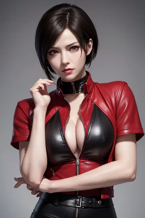 Resident Evil 6,ada,Ada Wong,ultra-quality,Photorealsitic,a red jacket,Black leather pants,An ultra-high picture quality,Digital SLR,Based on anatomical grounds,Depicted in detail,Colossal tits,A slight smil,Detailed face,