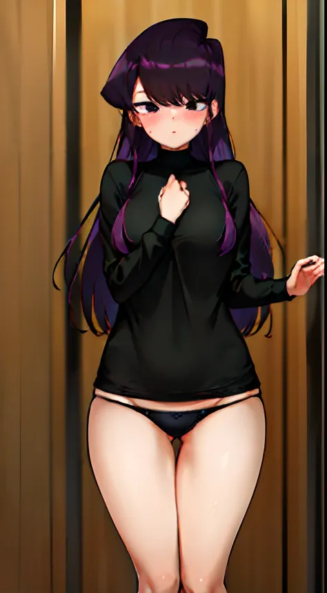 Komi shoko, 1girl, solo, looking_at_viewer, blush, (high detail), ((clean lineart)), full_body, top quality, purple hair, long hair, (panties), ((thick thighs)), standing