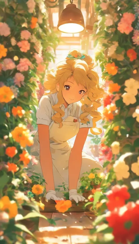 A talented florist girl in a florist trims a huge flower in a florist wearing white gloves with scissors，Japanese manga style，Her long hair is pale yellow，Wear an apron，A room full of potted flowers and plants，Falling petals，Troublesome kittens，Japanese he...