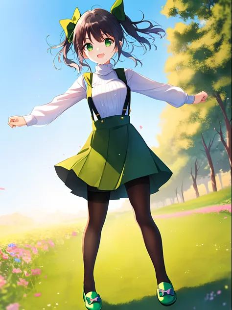 1 girl, solo, masterpiece, highres, ultra details, CG quality, cute loli, full body, (from side:1.2), black hair, green eyes, high quality eyes, high quality hands, (twin pigtails:1.3), (hair bows:1.3), (short hair:1.6), (green skirt:1.5), (short skirt:1.5...