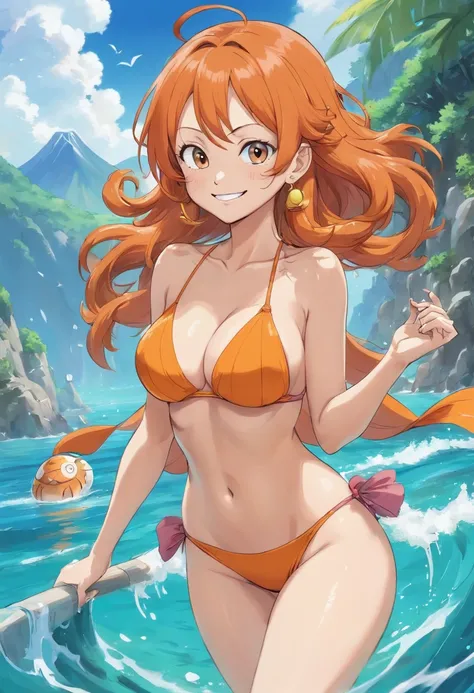 Nami from one piece wearing tight bikini she have good body shape large thighs and large breasts her breasts is overflowing from her top she is smiling gently with a little blush on her cheeks and have high quality anime style (namis eyes ROM one piece)