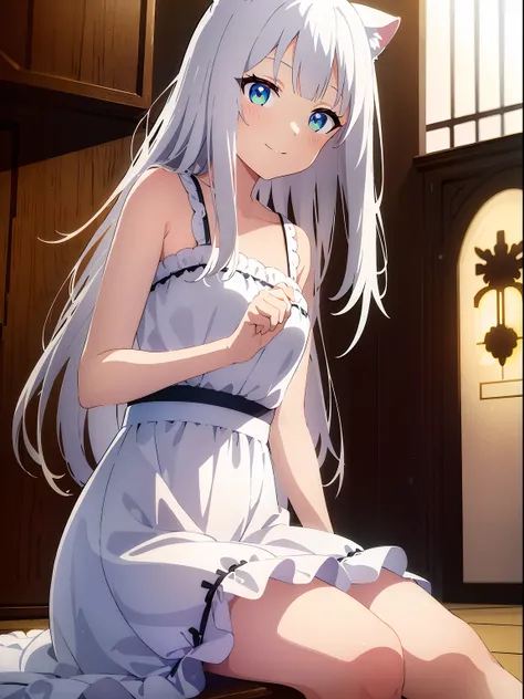 1girl, white dress, smile, chibi, white dress, cat ear, white hair, playing game, Trump, Cross-legged