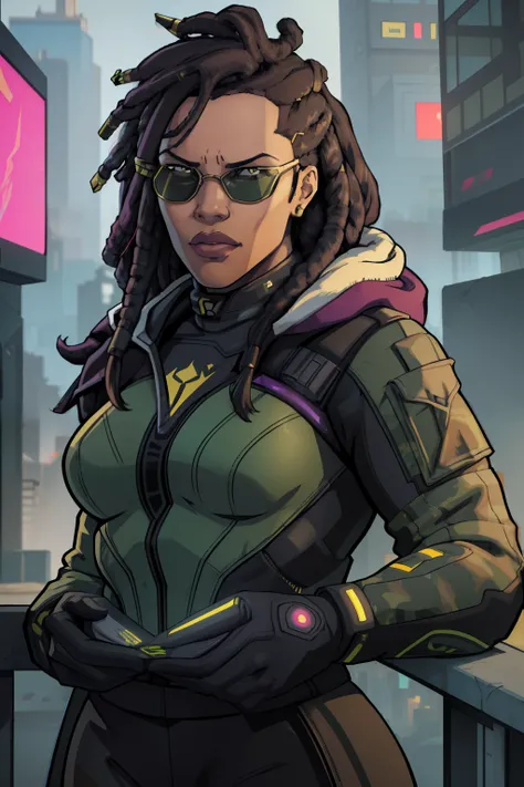 super high res, best quality, (photorealistic: 1.2), cinematic lighting, 23 year old very tall African American female who wears army camouflage clothing and is part of a team called the Crows, In addition she wears mirrored sunglasses and also has dreads ...