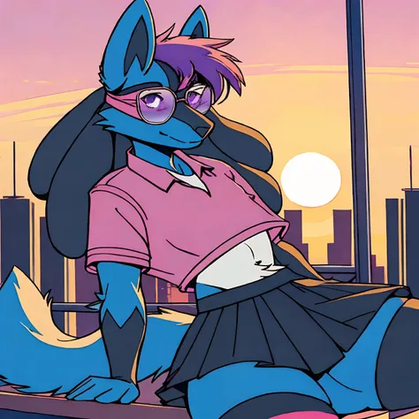 Mute pastel colors， Smooth photos， Retro soul, 1990s animation, 1980s animation, Retro soul， Retro anime style， Masterpiece, Best Quality, Lucario, furry, solo female, Lucario Pokémon, skirt, thigh high socks, crop top black jacket, Retro Lucario fanart, 1...