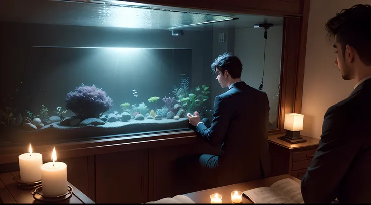 A man, listing to music, dark room, fish tank, a piano in the background, candles