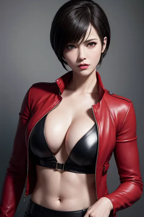 Resident Evil 6,ada,Ada Wong,ultra-quality,Photorealsitic,a red jacket,Black leather pants,An ultra-high picture quality,Digital SLR,Based on anatomical grounds,Depicted in detail,Colossal tits,A slight smil,Detailed face,