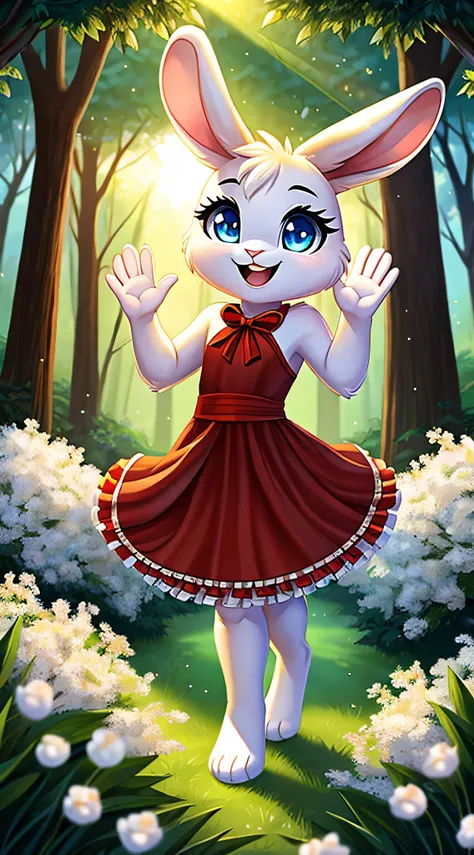 zoomed out image, fantasy style art, cute, adorable, short character, small, tiny little fluffy female white bunny with blue eyes, 4 ears, 2 extra ears, big floppy ears, long ears, ears perked up, raised ears, long eyelashes, poofy rabbit tail, wearing a r...